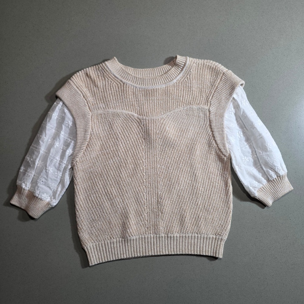Mixed Media Eyelet Lace Puff Sleeve Ribbed Knit Sweater Top Beige White